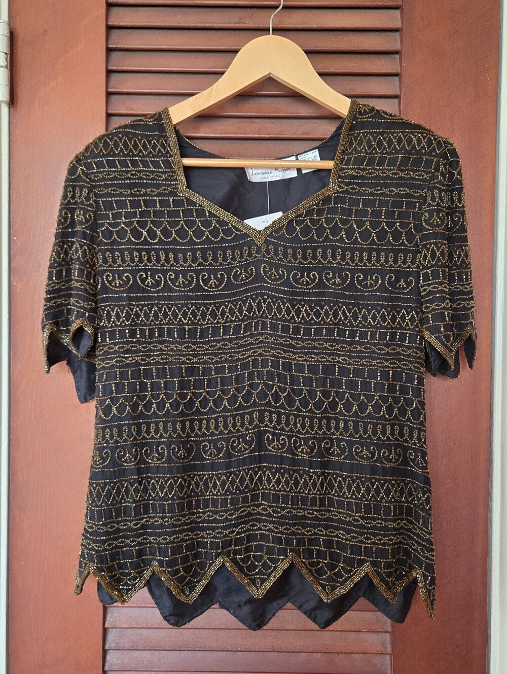NWT Vintage Laurence Kazar Black Silk Amber Orange Bead Top S